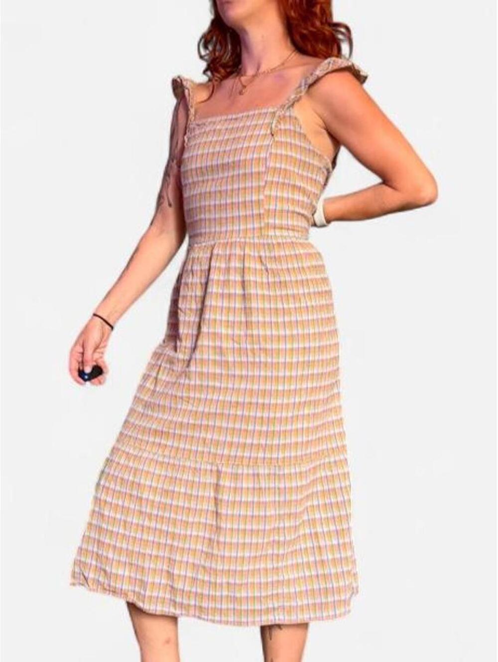 Cream and beige plaid midi dress